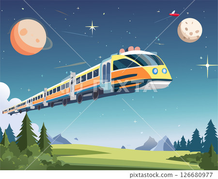 Vector illustration of a train running on a moonlit night 126680977