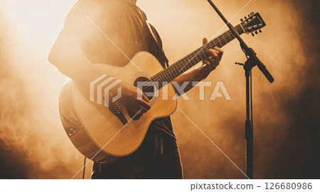 Musician playing acoustic guitar and singing into microphone on stage during a concert, illuminated by warm, atmospheric lighting and surrounded by smoke 126680986