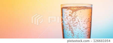 Refreshing sparkling water with rising bubbles in a glass against a vibrant gradient background, creating a visually appealing image ideal for beverage, refreshment, and lifestyle themes 126681054