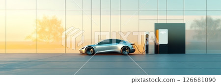 Sleek silver electric vehicle connected to charging station in front of modern glass building, bathed in warm sunset glow, promoting sustainable transportation and future technologies 126681090