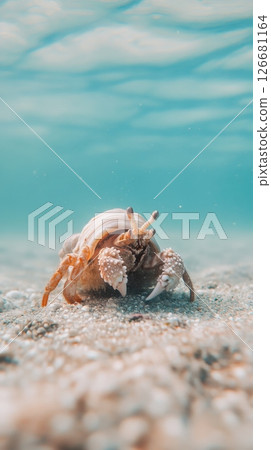 Hermit crab walking along the sandy seabed in shallow water, surrounded by gentle ripples on the surface, creating a stunning backdrop of blue and turquoise hues 126681164