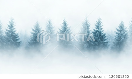 Coniferous trees, blanketed in snow, rise through a thick, mysterious fog, crafting a stunning winter wonderland landscape filled with tranquil beauty and serene magic 126681260