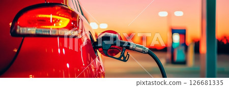 Red car refueling at a gas station during a stunning sunset, capturing the essence of transportation, energy, and the thrill of road trips under a colorful sky 126681335
