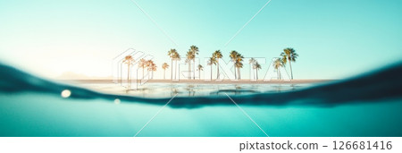 Split view of a tropical island with palm trees growing on a white sandy beach seen from underwater perspective with turquoise water and ripples on the surface 126681416