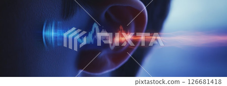 Digital sound wave is entering the ear canal, illustrating the process of hearing and its connection to audiology, sound perception, and auditory health Digital sound wave is entering the ear canal, illustrating the process of hearing and its connection to audiology, sound perception, and auditory health 126681418