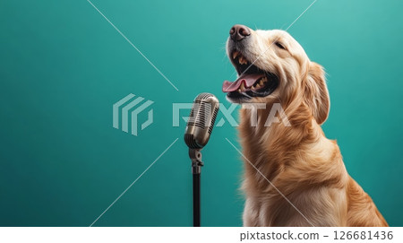 Golden retriever dog singing and barking joyfully into a vintage microphone against a vibrant turquoise background, creating a delightful and humorous musical atmosphere Golden retriever dog singing and barking joyfully into a vintage microphone against a vibrant turquoise background, creating a delightful and humorous musical atmosphere 126681436