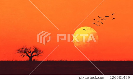 Flock of birds soaring gracefully over a bare tree against a vibrant orange sunset, crafting a serene and dramatic landscape that captures the essence of nature's beauty 126681439