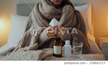 Sick young woman wrapped in a warm blanket is sitting on a bed, holding a tissue, with medicine bottles and a glass of water in front of her, suffering from seasonal flu or cold 126681517