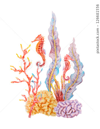 Watercolor underwater composition with red seahorses, coral branches, seaweed, and sponges. Bright marine illustration in blue, red, and yellow for ocean-themed designs. 126681556
