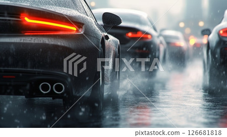 Modern luxury vehicles are driving on a wet highway in heavy rain, creating a sense of danger and adventure, with blurred lights in the background and rain drops splashing on the road 126681818