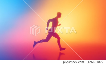 Silhouette of a determined athlete running on a vibrant gradient background, embodying the spirit of fitness, speed, and athletic achievement Silhouette of a determined athlete running on a vibrant gradient background, embodying the spirit of fitness, speed, and athletic achievement 126681872