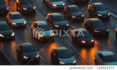 Numerous cars with headlights on are driving slowly on a multi lane highway at sunset, creating a traffic jam and highlighting the challenges of urban mobility and transportation 126681874