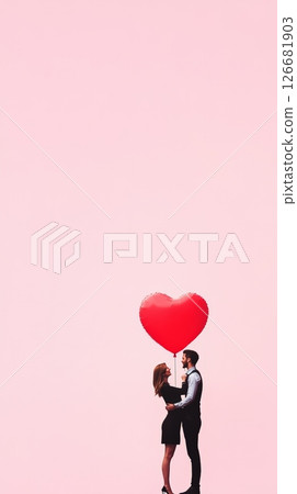 Young couple is embracing under a large, heart shaped balloon against a solid pink backdrop, creating a romantic and affectionate scene, perfect for valentine's day or anniversary celebrations 126681903