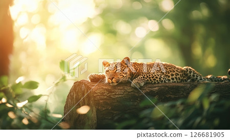 Beautiful leopard is resting peacefully on a log in the jungle, enjoying the warm glow of the setting sun, a captivating scene of wildlife in its natural habitat 126681905