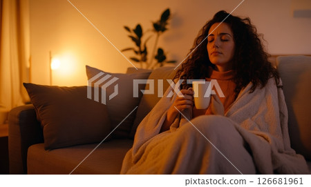Young woman covered with a blanket is sitting on the sofa in the living room, holding a mug and resting while recovering from an illness at night 126681961