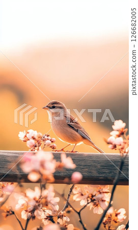 Small bird perched on a weathered wooden rail adorned with delicate pink blossoms, bathed in the warm glow of the setting sun, creating a serene and picturesque scene of nature's beauty 126682005