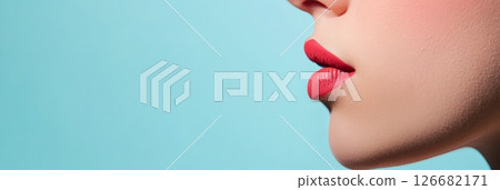 Close up of female model's lower face, highlighting full, red painted lips against a vibrant blue backdrop, emphasizing beauty, cosmetics, and lip care Close up of female model's lower face, highlighting full, red painted lips against a vibrant blue backdrop, emphasizing beauty, cosmetics, and lip care 126682171