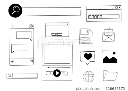 Retro window browser frame y2k interface doodle old border, chat or dialog box, player search box. Desktop ui screen vintage aesthetic.  126682173