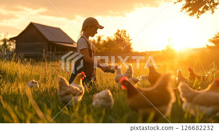 Young farmer girl wearing overalls and a cap is feeding a flock of chickens in a grassy field, bathed in the warm golden light of a setting sun, creating a peaceful and idyllic farm scene Young farmer girl wearing overalls and a cap is feeding a flock of chickens in a grassy field, bathed in the warm golden light of a setting sun, creating a peaceful and idyllic farm scene 126682232