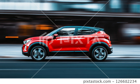 Red modern compact suv speeding through a bustling city street, showcasing motion blur in the background and capturing the dynamic energy of urban transportation and efficiency Red modern compact suv speeding through a bustling city street, showcasing motion blur in the background and capturing the dynamic energy of urban transportation and efficiency 126682234