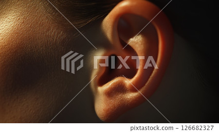 Warm light illuminating the intricate details of the human ear, emphasizing its essential role in sound capture and highlighting vulnerabilities to hearing issues Warm light illuminating the intricate details of the human ear, emphasizing its essential role in sound capture and highlighting vulnerabilities to hearing issues 126682327