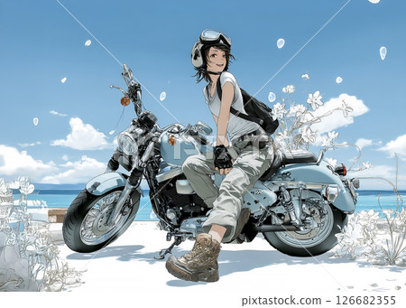 Illustration material of a woman riding a large cruiser bike to see the sea 126682355