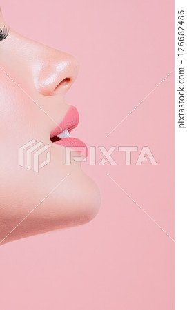 Profile of a beautiful woman highlighting perfect lips and teeth after cosmetology treatment, showcasing the effectiveness of lip augmentation and dental procedures for facial aesthetics 126682486