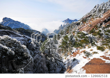 Mountain landscape after heavy snowfall, trees covered with snow and rime, sea of fluffy misty clouds ,China, Anhui Province, Mount Huang 126682518