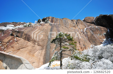 Mountain landscape after heavy snowfall, trees covered with snow and rime, China, Anhui Province, Mount Huang Mountain landscape after heavy snowfall, trees covered with snow and rime, China, Anhui Province, Mount Huang 126682520