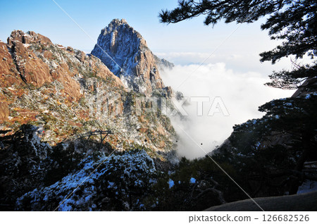 Mountain landscape after heavy snowfall, trees covered with snow and rime, sea of fluffy misty clouds ,China, Anhui Province, Mount Huang 126682526