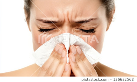 Young woman holding tissue blowing her nose, suffering from cold or flu virus, with closed eyes and painful expression, isolated on white background Young woman holding tissue blowing her nose, suffering from cold or flu virus, with closed eyes and painful expression, isolated on white background 126682568