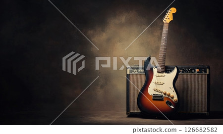 Sunburst finish electric guitar leaning on amplifier in a recording studio, ready for a music session, creating a captivating scene of musical anticipation 126682582