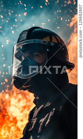 Brave firefighter wearing a protective helmet and mask facing an intense blaze with sparks flying in the air, demonstrating courage and dedication in the face of danger Brave firefighter wearing a protective helmet and mask facing an intense blaze with sparks flying in the air, demonstrating courage and dedication in the face of danger 126682607