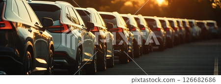 Many identical brand new cars parked in a row during sunset golden hour at a car dealership or automotive manufacturing plant parking lot waiting to be delivered or sold 126682686