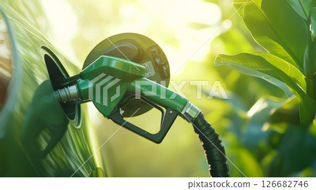 Green fuel nozzle pumping gasoline into car tank at gas station on sunny day with lush green leaves in the background, suggesting eco friendly fuel or sustainable transportation 126682746