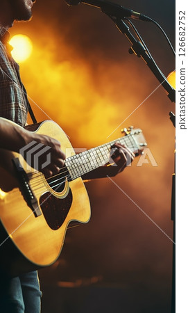 Close up of a musician playing an acoustic guitar and singing into a microphone on a brightly lit stage during a live music performance, creating a captivating atmosphere 126682752