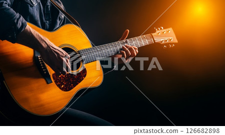 Close up of a musician passionately playing an acoustic guitar against a dark background, capturing a dramatic and evocative scene enhanced by warm backlighting Close up of a musician passionately playing an acoustic guitar against a dark background, capturing a dramatic and evocative scene enhanced by warm backlighting 126682898
