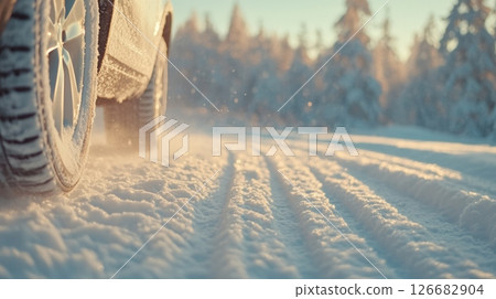 Close up of a car's winter tires driving on a snow covered road through a serene winter forest at sunset, showcasing the beauty and challenges of winter driving Close up of a car's winter tires driving on a snow covered road through a serene winter forest at sunset, showcasing the beauty and challenges of winter driving 126682904