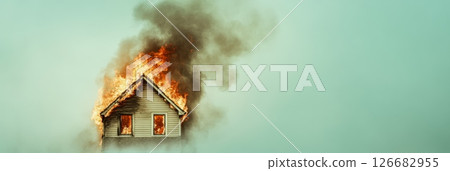 Flames engulfing the roof of a wooden house create a thick plume of smoke against a striking teal sky, illustrating the chaos and destruction of a devastating house fire 126682955