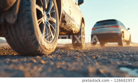 Two off road vehicles are driving on a gravel road, kicking up dust as they navigate the rough terrain at sunset, showcasing adventure and exploration 126682957