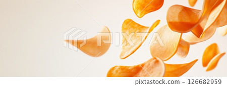 Crunchy potato chips are levitating on a clean white background, creating a dynamic and appetizing scene perfect for food advertising or packaging 126682959