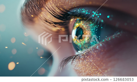 Tiny particles of light illuminating a human eye, representing innovative vision technologies, digital enhancements, and the future of ophthalmology Tiny particles of light illuminating a human eye, representing innovative vision technologies, digital enhancements, and the future of ophthalmology 126683053