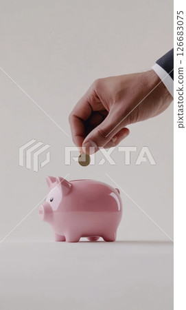Businessman inserts a bitcoin into a piggy bank, symbolizing investment in cryptocurrency and securing financial future through strategic savings 126683075