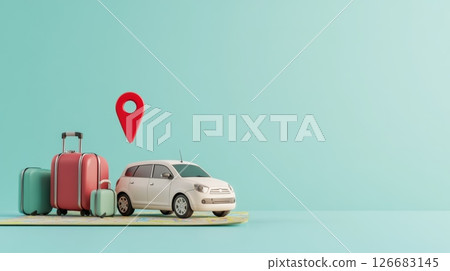 Miniature white car and luggage resting on a map with a large red location pin hovering above, symbolizing navigation and travel planning using online maps Miniature white car and luggage resting on a map with a large red location pin hovering above, symbolizing navigation and travel planning using online maps 126683145