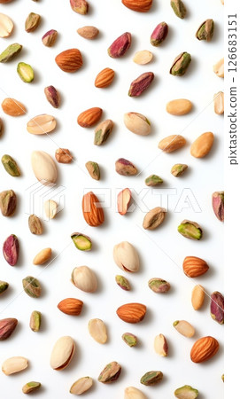 Pistachios and almonds are levitating on a minimalist white background, creating a visually appealing pattern ideal for food and health related projects 126683151