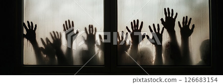 Scary shadows of infected zombies touching a foggy window during a zombie apocalypse create a dramatic and terrifying scene of survival horror 126683154