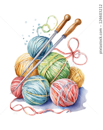 Balls of Yarn, Knitting Threads. Handmade, Watercolor on White 126683212