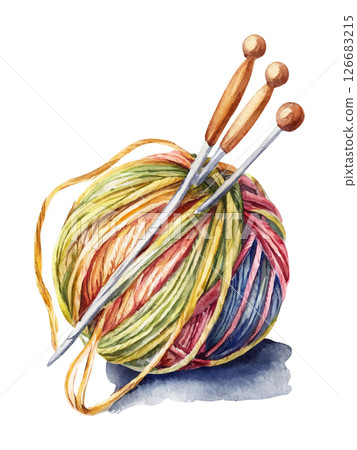 Balls of Yarn, Knitting Threads. Handmade, Watercolor on White 126683215