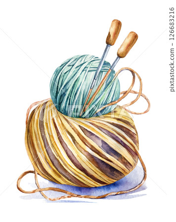 Balls of Yarn, Knitting Threads. Handmade, Watercolor on White 126683216