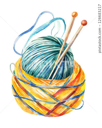 Balls of Yarn, Knitting Threads. Handmade, Watercolor on White 126683217